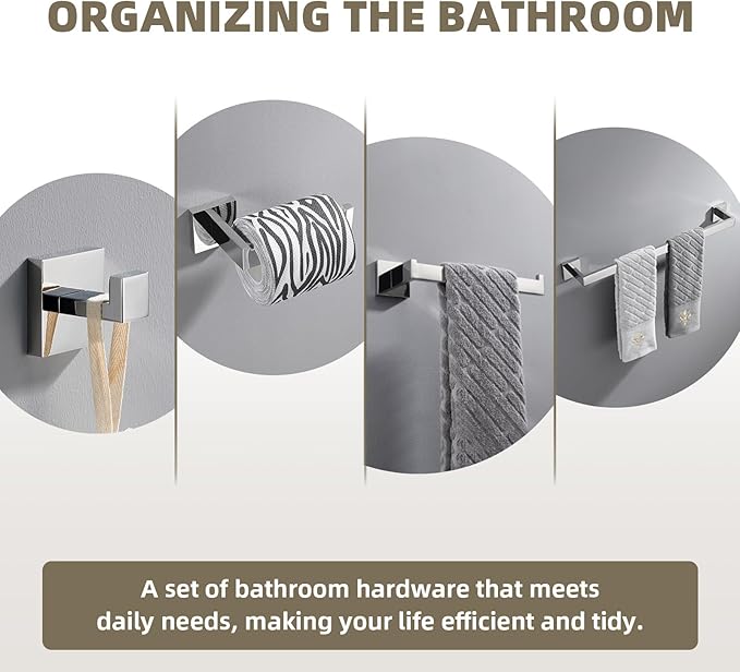 Suyar Polished Chrome Bathroom Hardware Set 4 Pieces, 304 Stainless Steel Bathroom Accessories, Include Robe Hook, Toilet Paper Holder, Hand Towel Holder, Bath Towel Bar