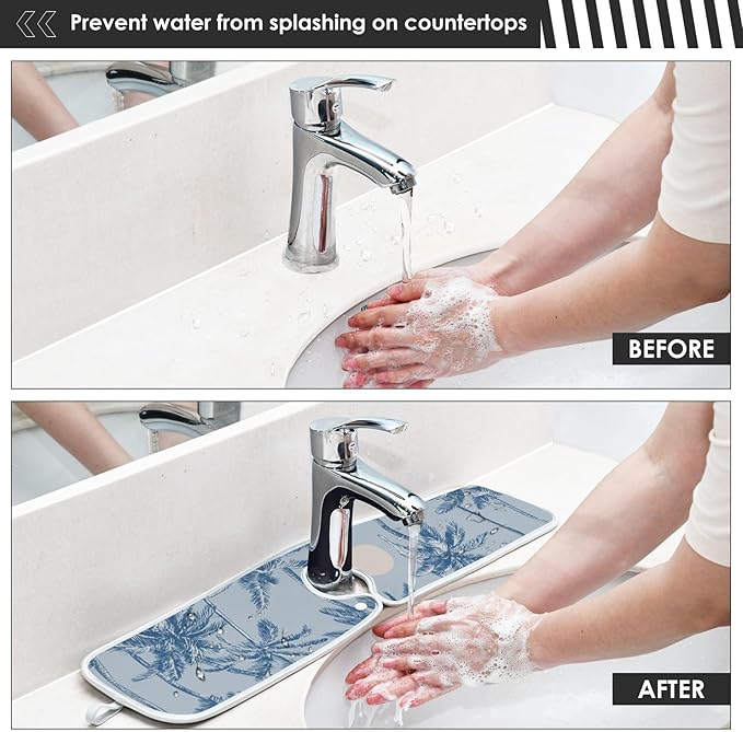 Sink Faucet Absorbing Mat Kitchen Sink Splash Guard Splash Faucet Drip Catcher for Bar RV Bathroom 2PCS 30x5.5in Blue Tropical Trees and Sun