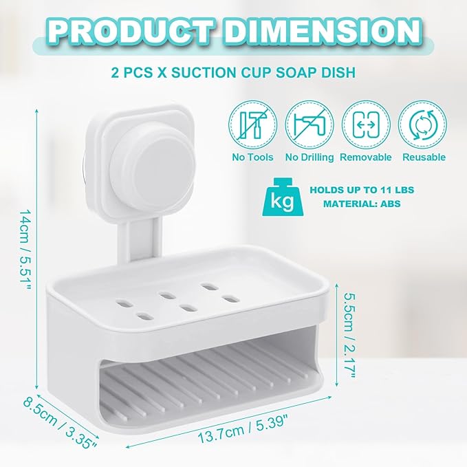 uxcell 2Pcs Suction Cup Soap Dish, Removable and Reusable Wall Mounted Double Bar Soap Holder for Shower No-Drilling Sponge Holder for Bathroom Kitchen, White
