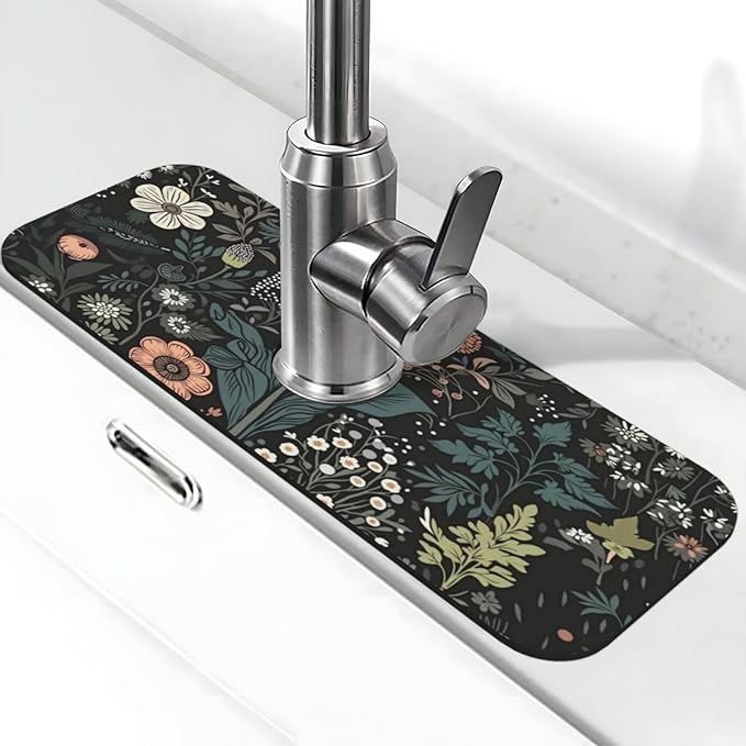Botanical Floral 15" X 5.5" Kitchen Sink Splash Guard, Faucet Guard Draining Mat, Faucet Suction Pad For Kitchen Bathroom