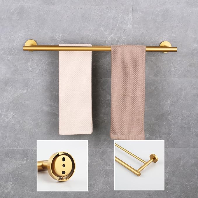 GERZWY Bathroom Double Towel Bar 24-Inch Gold Stainless Steel Modern Round Style Bath Hand Towel Rack Wall Mount