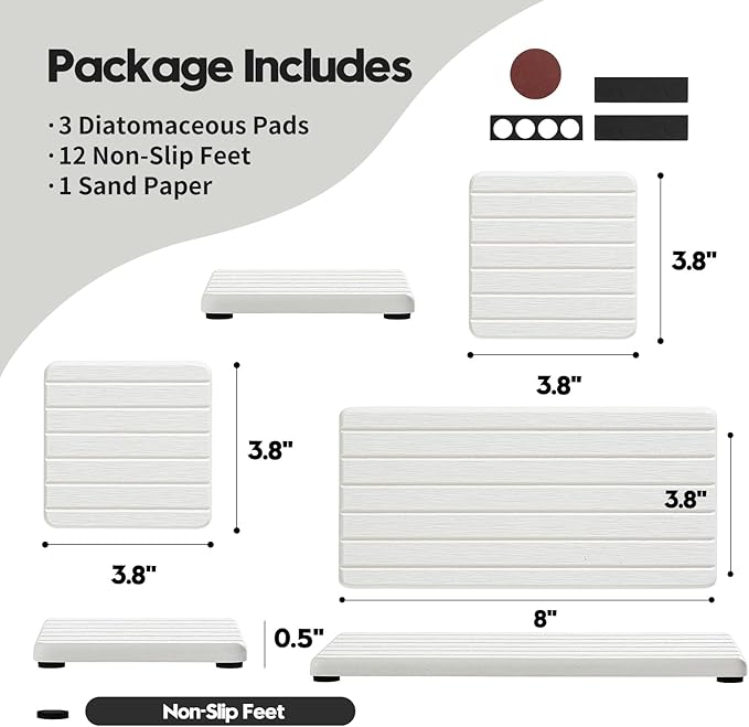 Diatomaceous Earth Sink Organizer Tray Set, 3-Pack Fast Drying Water Absorbing Stone Soap Holder Caddy for Kitchen & Bathroom Counter, Faucet Splash Guard, White (1pc of 8"x3.8" + 2pcs of 3.8"x3.8")