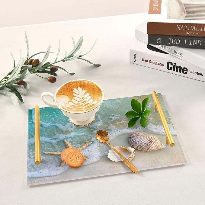 Beach Shell Vanity Tray Acrylic Bathroom Countertop Tray Ocean Decorative for Kitchen Desk Organizer Makeup Storage Tray