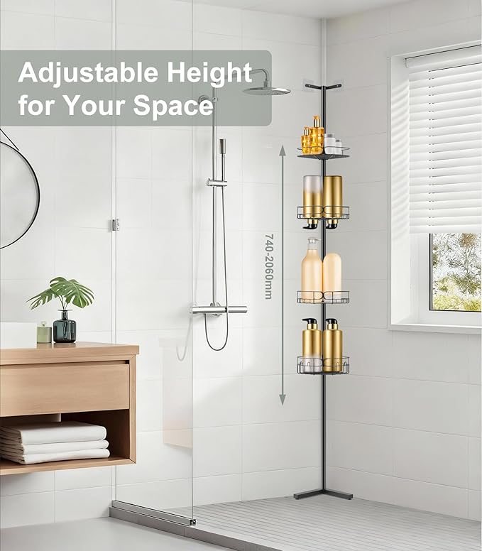 Corner Shower Caddy Tension Pole, Sturdy Rust-Resistant Shower Corner Shelf Organizer, Shower Organizer Corner Universal Fit for Any Bathroom Height