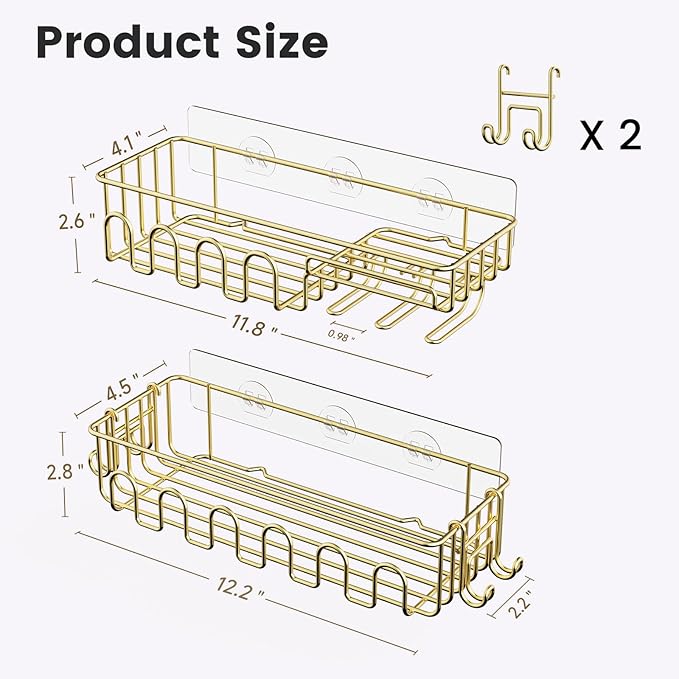 Adhesive Shower Caddy: 2 Bonus Hooks, 4-Pack Wall Mounted Bathroom Storage Shelf, Rustproof Metal Basket Organizer for Kitchen & Bathroom Drill Free Gold