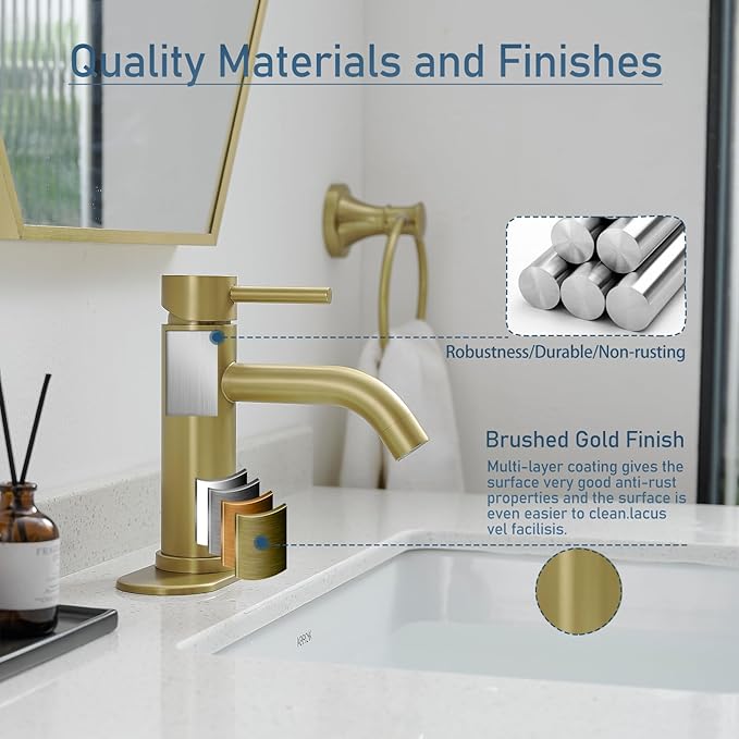 Gold Bathroom Faucets, Modern Single Handle Brushed Gold Vanity Sink Faucet 1 Hole with 3 Hole Deck Plate, Rv Sink Camper Farmhouse Bathroom Utility Remodel Faucet