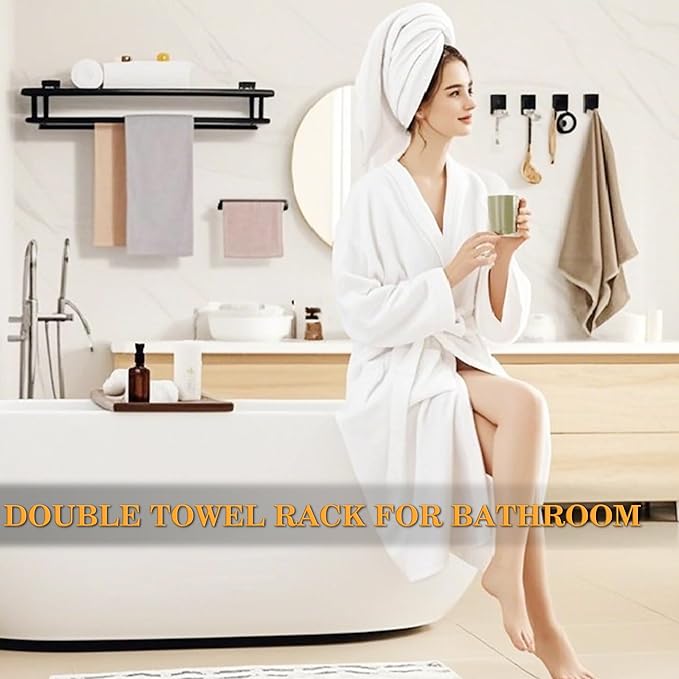 Alise 20 Inch Towel Rack for Bathroom Wall Mount,Black Double Towel Bars with Shelf,SUS 304 Stainless Steel Bathroom Towel Holder Towel Hanger for Bathroom Walls,Matte Black