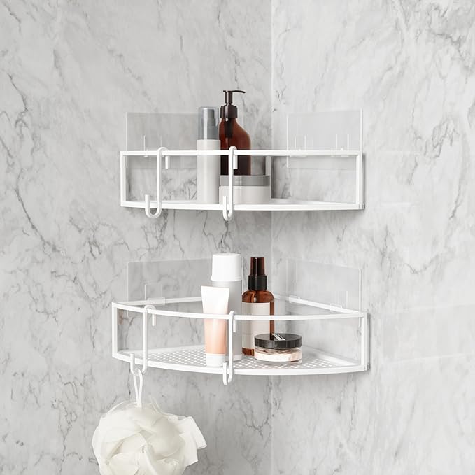 Umbra Cubiko Shower Corner Shelf, Metal Floating Shelves with Adhesive Mounting Strips, 2-Pack, White