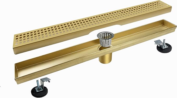 24 Inch Gold Rectangular Shower Drain with Removable Quadrato Pattern Cover Grate Accessories and SUS304 Stainless Steel CUPC Certificate