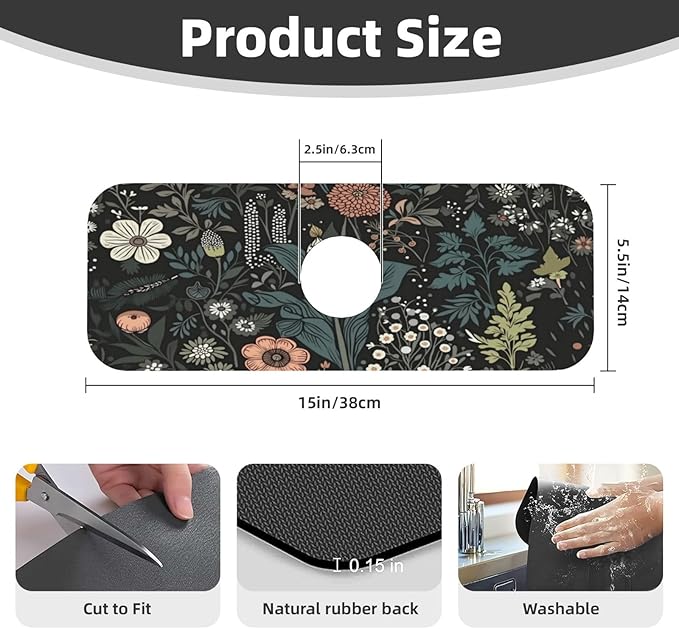 Botanical Floral 15" X 5.5" Kitchen Sink Splash Guard, Faucet Guard Draining Mat, Faucet Suction Pad For Kitchen Bathroom