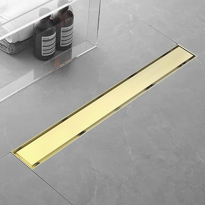 24 Inch Linear Shower Drain Bathroom Kitchen Golden Floor Drain Removable Capsule Pattern Cover Accessories Shower Drain 304 Stainless Steel Drain with Hair Strainer Adjustable Leveling Feet