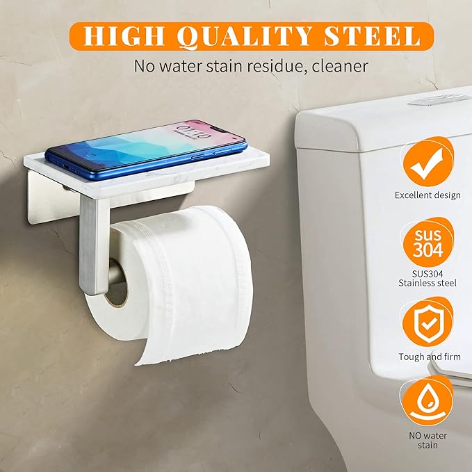Brushed Nickel Toilet Paper Holder with Shelf, 304 Stainless Steel Screw Wall Mounted, Marble Tissue Roll Holder with Storage