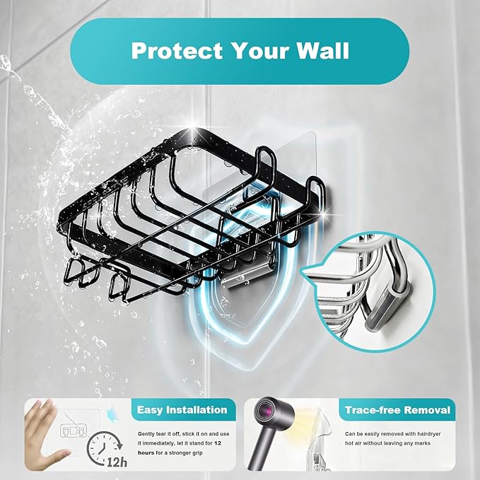 Black Soap Dish for Shower 2 Pieces, Suction Cup Square Shower Soap Holder - 201 Stainless Steel Black Soap Saver - Comfortable Essential for Apartment, Home and Dormitory