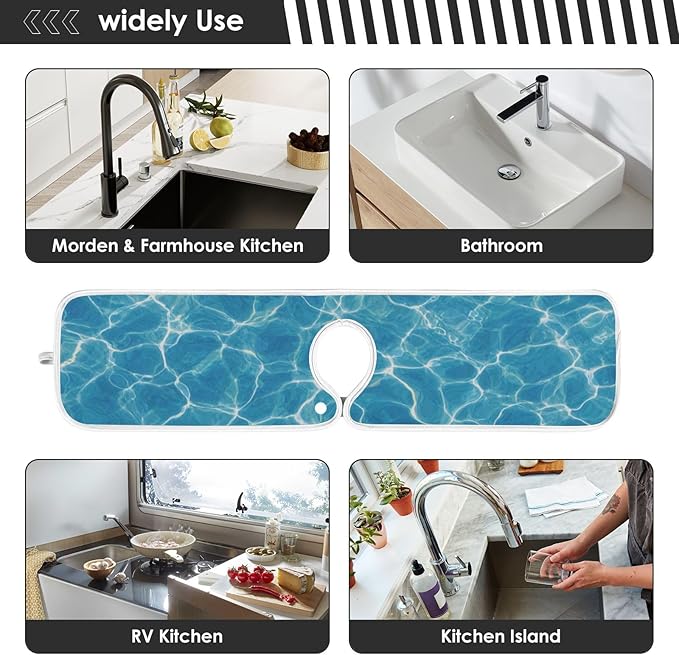 2 PCS Kitchen Sink Splash Guard 14.9 Inch Faucet Mat for Kitchen Sink Bathroom Sink Faucet Absorbing Drip Drain Mat Pad Microfiber Soft Washable Blue Pool Ripples