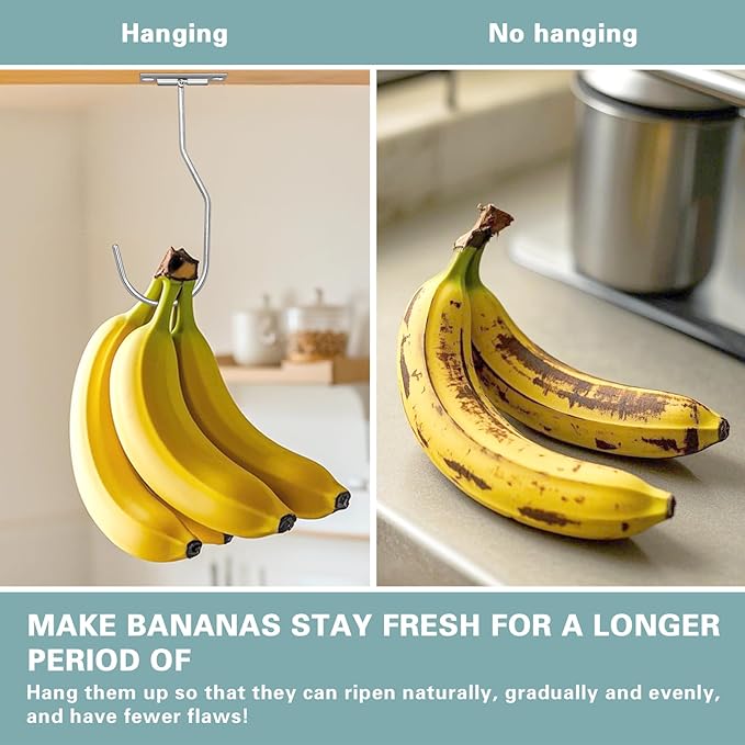 Banana Hanger Hook – Space Saving Banana Holder Hanger to Keep Bananas Fresh, Self Adhesive and Screw Banana Hook 2Pack Silver