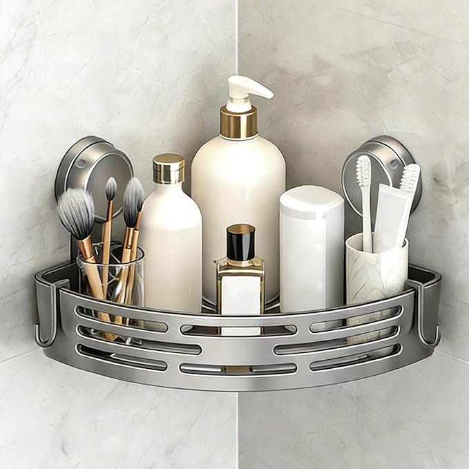 Triangle Suction Cup Shower Caddy, No-Drill Bathroom Corner Shelf, Small Bathroom Storage Cabinet, Easy To Install, Heavy-Duty Strong Hold Shower Storage Rack For Shampoo & Soap (Gray)