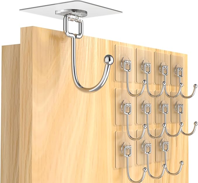 Large Adhesive Hooks 8-Pack, Heavy Duty 44lb(Max) Wall Hooks for Bathroom, Outdoor, Strong Self-Adhesive Towel & Coat Hooks, Waterproof Transparent Utility Hooks for Home Improvement
