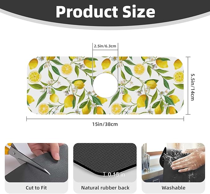 Yellow Lemon Teal Kitchen Sink Splash Guard Faucet Mat 1 Pcs, Absorbent Fast Drying Mat Gadgets Splash Guard For Bathroom 15 X 5.5 Inches
