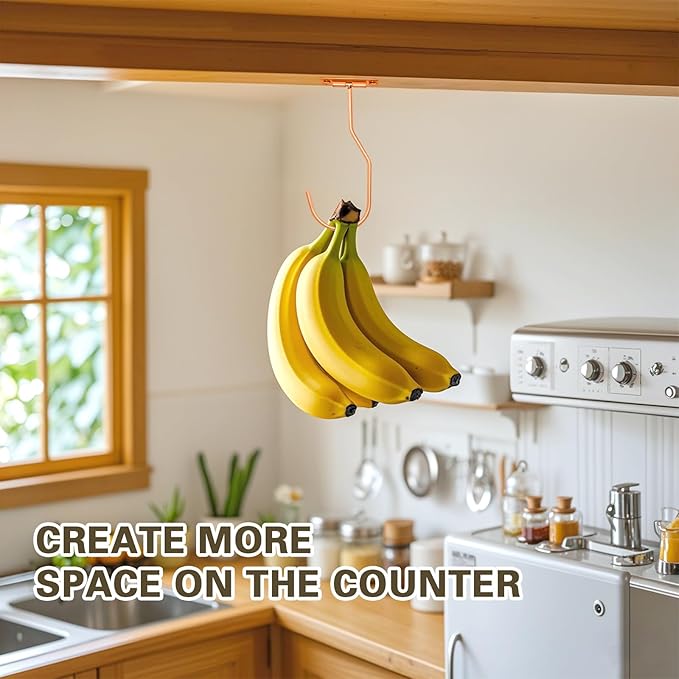 Banana Hanger Hook – Space Saving Banana Holder Hanger to Keep Bananas Fresh, Self Adhesive and Screw Banana Hook 3Pack Rose Gold