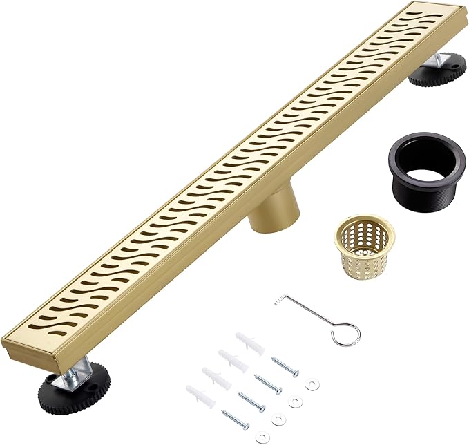 48 Inch Linear Shower Drain, Brushed Gold Shower Drain, Removable Grate, 304 Stainless Steel, Easy to Install and Clean for Bathrooms (Drain Base Not Included), LSD-51A-48G
