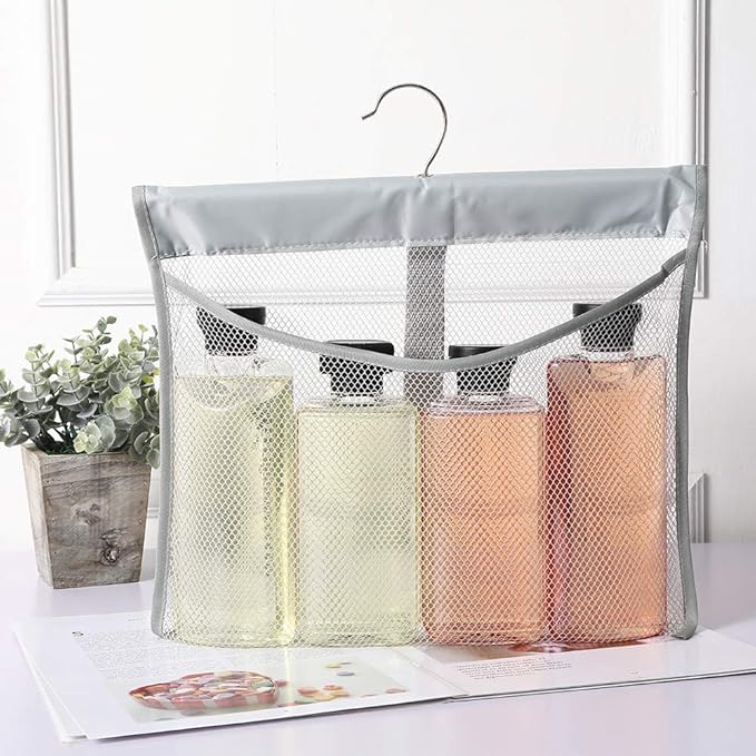Portable Mesh Pocket with Rotatable Hanger, Quick Dry Serial Type Bath Storage Organizers for Travel, Camper, RV, Gym, Cruise, Cabin, College Dorm Shower(Gray)