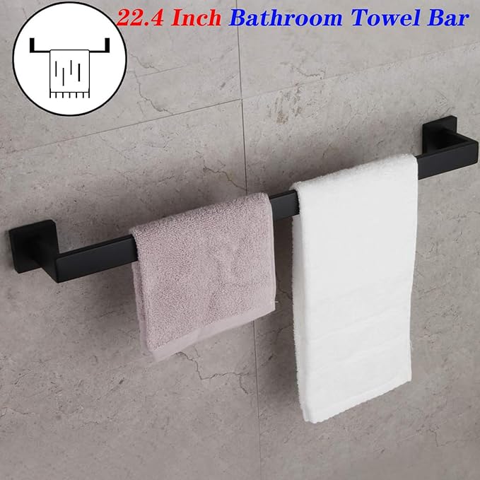 GERZWY 24 Inch Contemporary Style Bathroom Towel Bar Stainless Steel Bath Towel Rack Wall Mount Matte Black FG160160-BK