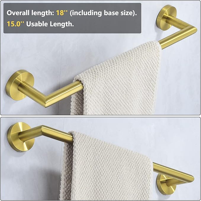 18 Inches Towel Bar for Bathroom Kitchen Hand Towel Holder Dish Cloths Hanger SUS304 Stainless Steel RUSTPROOF Wall Mount Brushed Gold, 96018-2-18BG.