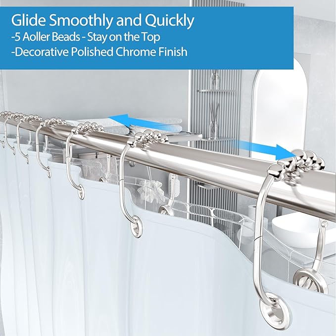 12PCS Wide Shower Curtain Hooks, Rust Proof Stainless Steel Shower Curtain Rings, Heavy Duty Shower Hooks for Bathroom Shower Rods Curtains, Easy Glide Rollers, Set of 12, Bright Chrome