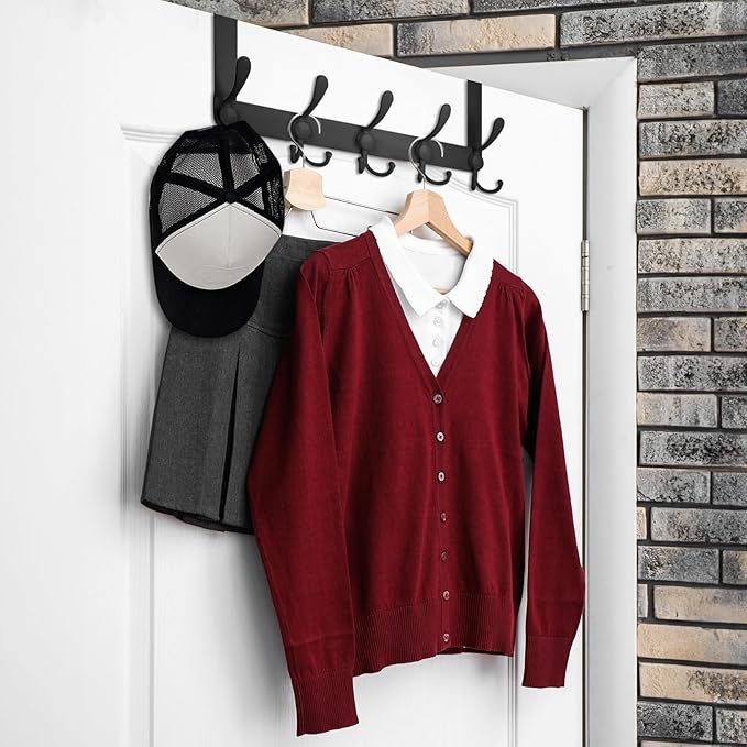 TICONN Over The Door Hooks, 5 Heavy Duty Tri Coat Rack All Metal Coat Hanger for Bathroom Bedroom Dorm (Matte Black, 1PK, Fit 1-3/8" Doors)