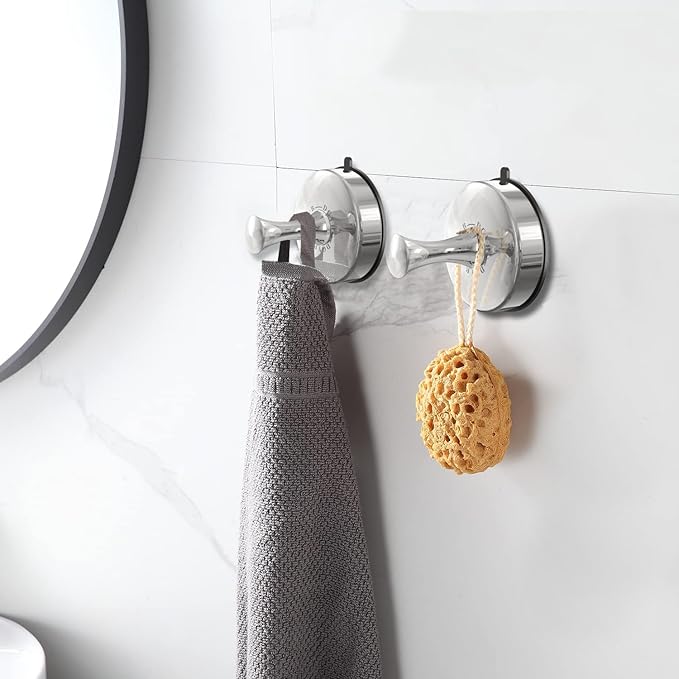 DGYB Suction Cup Hooks for Shower Set of 2 Removable Stainless Steel Towel Hook for Bathroom Glass Window Door Wall and Suction Wreath Hook for Hanging Robe, Loofah, Coat - Chrome