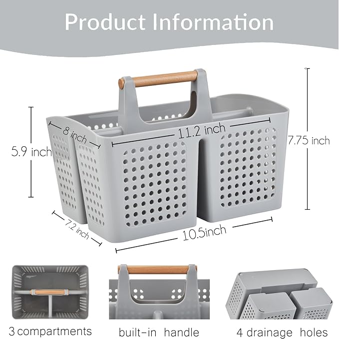 Portable Shower Caddy Basket with Compartments, Plastic Divided Cleaning Caddy Organizer Storage Tote with Handle for Bathroom, College, Dorm Room Essentials, Light Gray