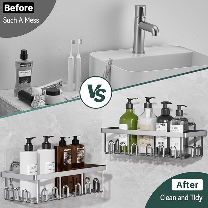 5-Pack Adhesive Shower Caddy, Rustproof Stainless Steel Organizer for Bathroom Storage with Large Capacity, No Drilling Bathroom Caddy with Soap Toothbrush Holder for Kitchen Home Silver