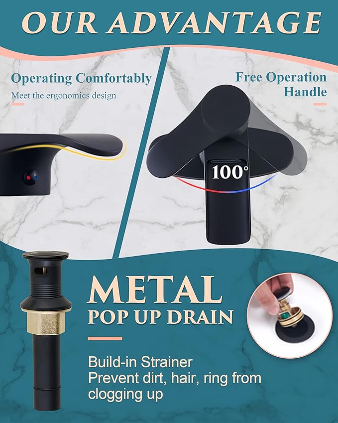 Matte Black Waterfall Single Hole Bathroom Faucet - Stainless Steel Vanity Sink Faucet with Metal Pop Up Drain, Quick Install Low Profile Design
