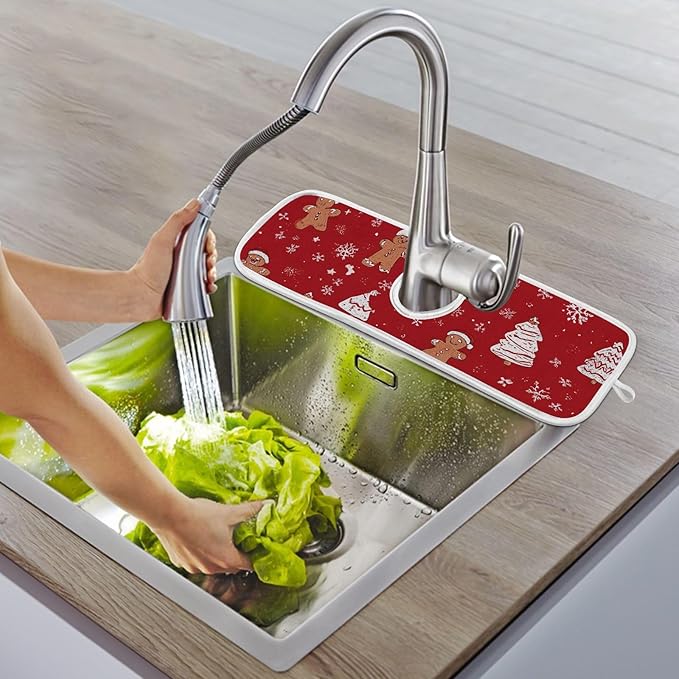 2 PCS Kitchen Sink Splash Guard 30 Inch Faucet Mat for Kitchen Sink Bathroom Sink Faucet Absorbing Drip Drain Mat Pad Microfiber Soft Washable Red Christmas Gingerbread Snowflakes