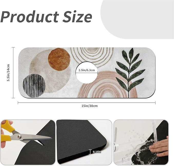 Kitchen Sink Splash Guard，Simple Bohemian Faucet Mat Sink Gadgets-Super Absorbent Fast Drying Mat Drip Catcher for Kitchen, Bathroom,Sink Mat, Dish Drying Mat, Bathroom(15" X 5.5" )