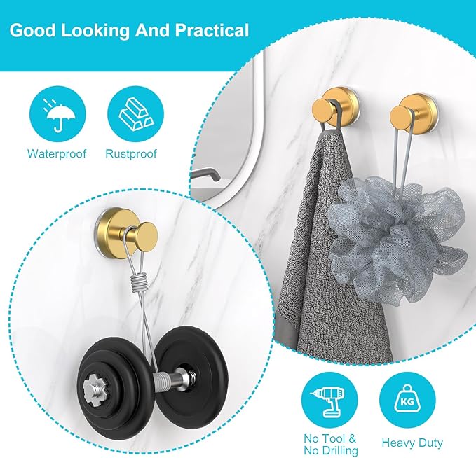 HUFEEOH Suction Cup Hooks for Shower, Suction Hooks Wall Hanger for Hanging, Removable Towel Holder for Bathroom, Kitchen, Glass Door, Mirror, Tile (2 Pack O Shape - Gold)