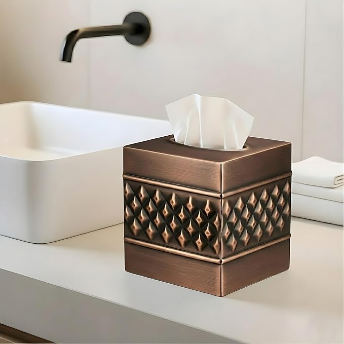 Monarch Abode Tissue Box Cover Square – Handcrafted Geo Embossed Antique Copper Metal Tissue Holder Box for Bathroom Accessory, Aesthetic Decorative Facial Napkin Cube for Modern Home Decor