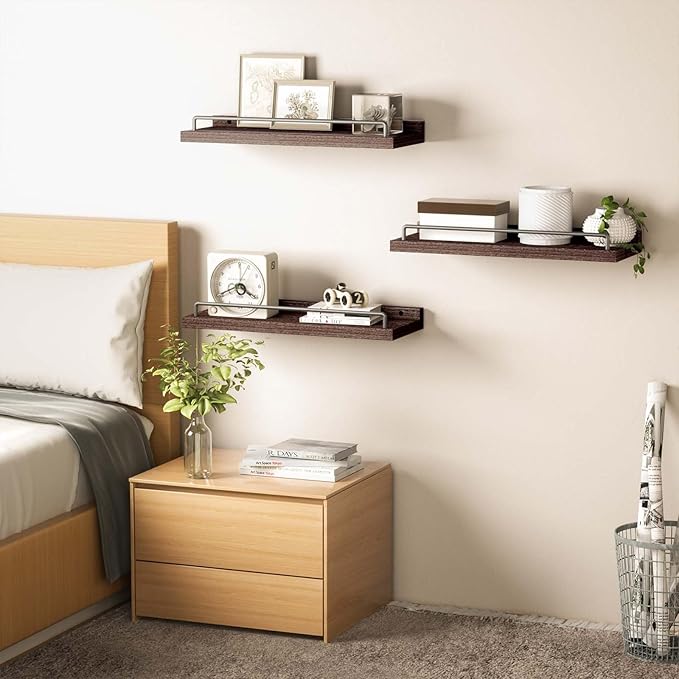 Floating Shelves, Bathroom Decor Shelves Over Toilet, Farmhouse Wall Shelves for Living Room, Bedroom, Picture Frames, Plants, Kitchen, Set of 3 (Walnut Brown)