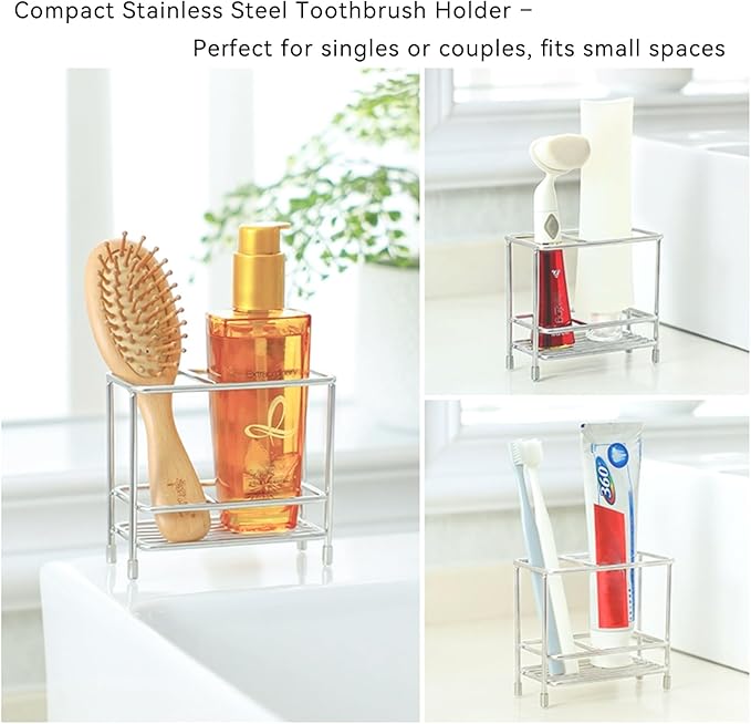 T.R.Sani. Electric Toothbrush Holders for Bathrooms, Toothbrush and Toothpaste Holder for Countertop, Bathroom Accessories for Razor, Comb's Storage-Two Slots, Stainless Steel, Silver