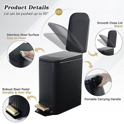 Soddeph Small Narrow Bathroom Trash Can with Lid Bathroom,1.6 Gallon Stainless Steel Wastebasket with Lid Soft Close,Slim Trash Can with Removable Inner Bucket for Toilet, Bedroom,Office (Black)