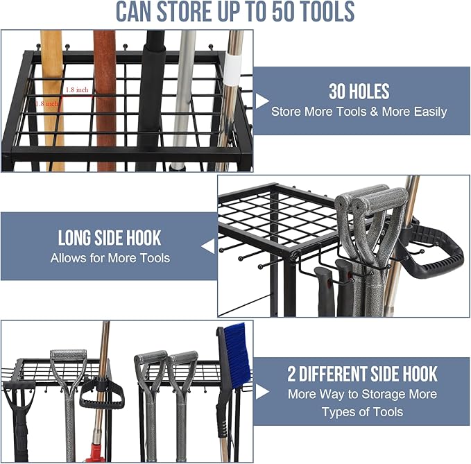 Garden Tool Organizer Holds 50 Long-Handled Tools/Rakes/Brooms/Shovles for Garage Organization and Storage, Shed, Outdoor, Lawn, Heavy-Duty Steel, Black, Easy Assembly (Corner Tool Organizer)