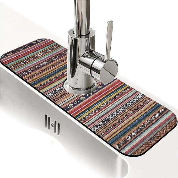 Kitchen Sink Splash Guard，Tribal，Bohemian style Faucet Mat Sink Gadgets-Super Absorbent Fast Drying Mat Drip Catcher for Kitchen, Bathroom,Sink Mat, Dish Drying Mat, Bathroom(15" X 5.5" )