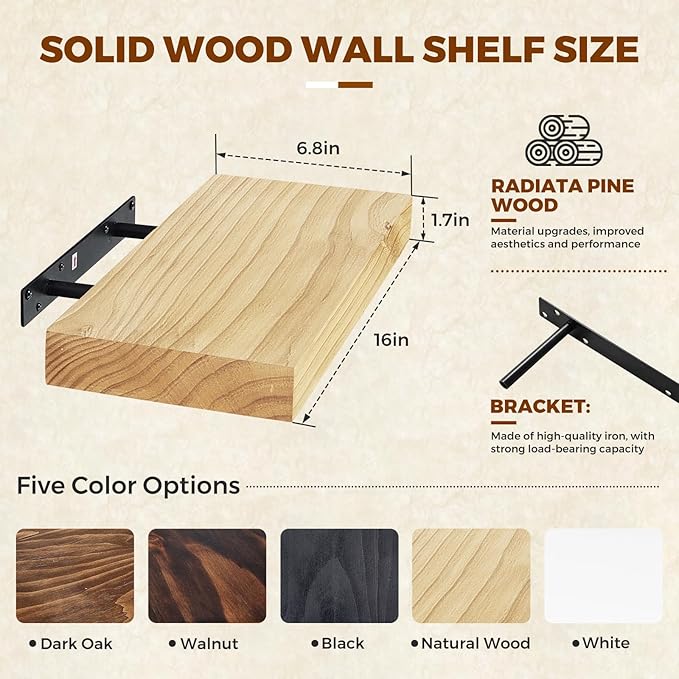 Floating Wall Shelf 16x6.8x1.7 Inch – Solid Wood Shelf in Natural Wood Finish – Wall Mounted Rustic Display Organizer for Bathroom, Kitchen, Bedroom, Small Spaces – Set of 2