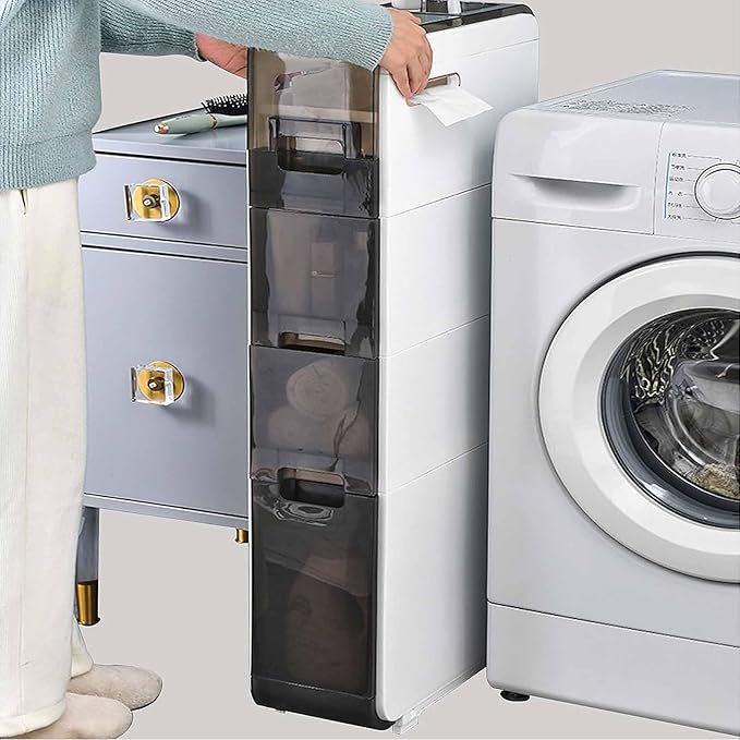 Plastic Bathroom Storage Cabinet Narrow Slim Gap Floor Organizer Side Unit Rolling Waterproof Toilet Paper Holder with Drawers and Handle for Small Kitchen Laundry, 4 Layers