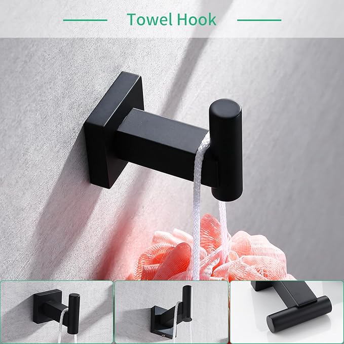 Miyili Matte Black 4-Piece Bathroom Hardware Kit Set Stainless Steel Wall Mount - Includes Double Towel Bar, Hand Towel Rack, Toilet Paper Holder, Robe Hook, BS02B4