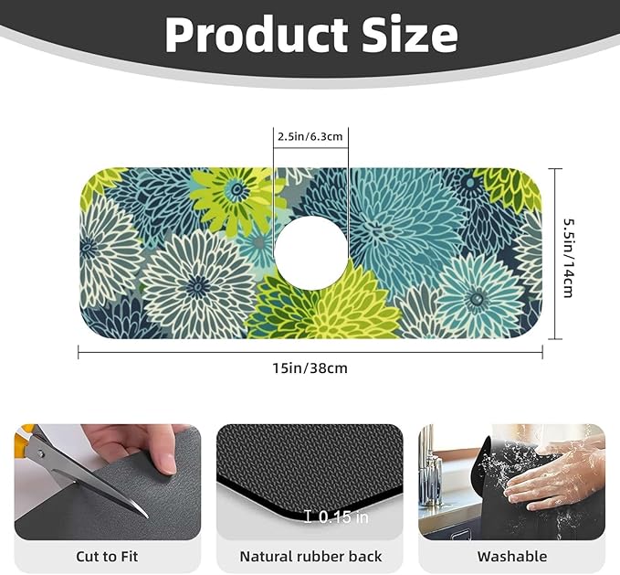 Kitchen Faucet Mat 15 x 5.5 Inch Abstract retro flower Faucet Draining Mat Farmhouse Absorbent Drying Mat Sink Splash Guard Behind Faucet Drip Catcher for Kitchen Bathroom