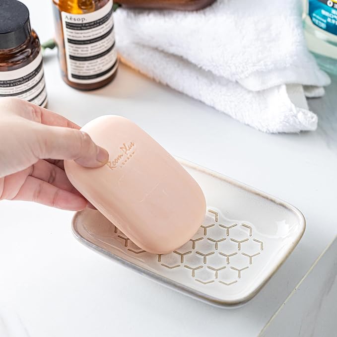 Gomakren Soap Dish for Shower, Ceramic Bar Soap Holder with Honeycomb Design - Soap Saver Tray for Bathroom Kitchen Sink, Sponge & Organizer Tray, Upscale Look, 5.5 Inch, Beige