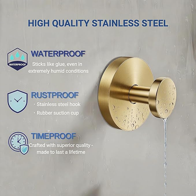WZW&CLC Suction Cup Hooks for Shower, Stainless Steel Heavy Duty Hanger, Waterproof Removable Towel Hooks for Kitchen, Bathroom, Mirror, Wall, Glass (4, Gold)