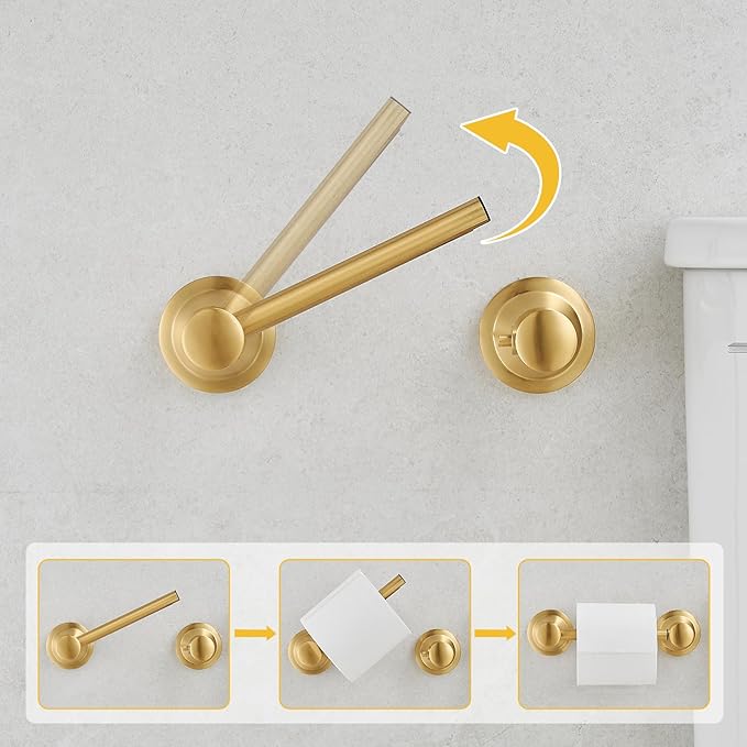 BESy Wall Mounted Toilet Paper Roll Holder Rustproof Tissue Paper Holder Bathroom Flexible Pivoting Tissue Handle Toilet Tissue Roll Holder, Brushed Gold, Stainless Steel