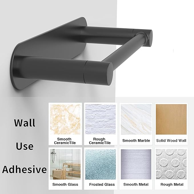 Adhesive Toilet Paper Holder Matte Black Double Post Pivoting Bathroom Toilet Tissue Holder Roll Holder Stick On No Drilling Stainless Steel and Zinc Alloy